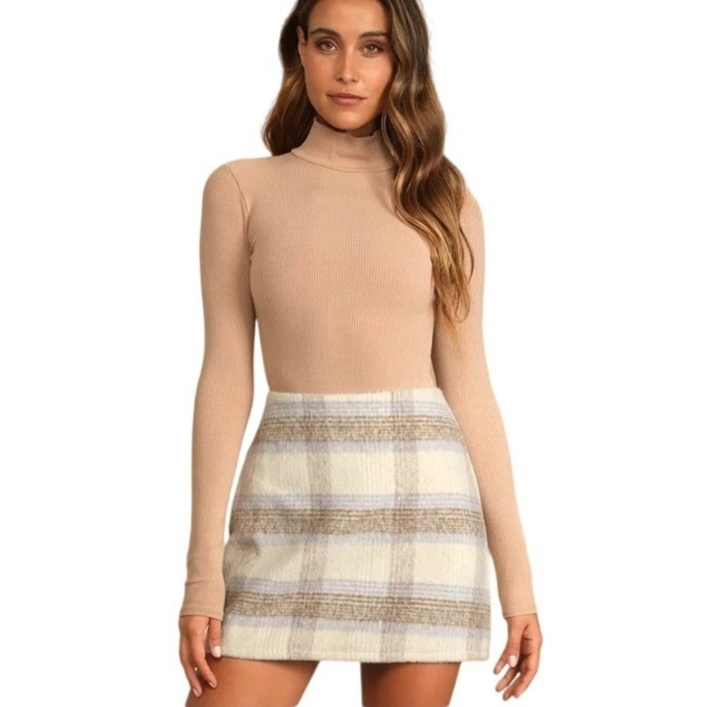 Lulus Mini Skirt Large Cream‎ Tan Plaid Brushed High Waisted Academic Preppy